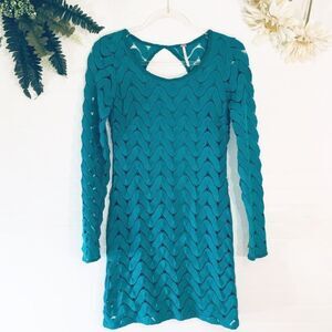 Free People Wild Thing Crochet Lace Turquoise Long Sleeve Mini Dress Size XS